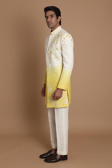 House Of Armuse_White Pant- Linen, Sherwani-raw Silk French Knots, Mirror, Beads Raw Set _Online_at_Aza_Fashions