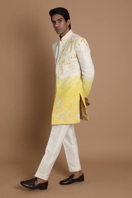 Buy_House Of Armuse_White Pant- Linen, Sherwani-raw Silk French Knots, Mirror, Beads Raw Set _Online_at_Aza_Fashions