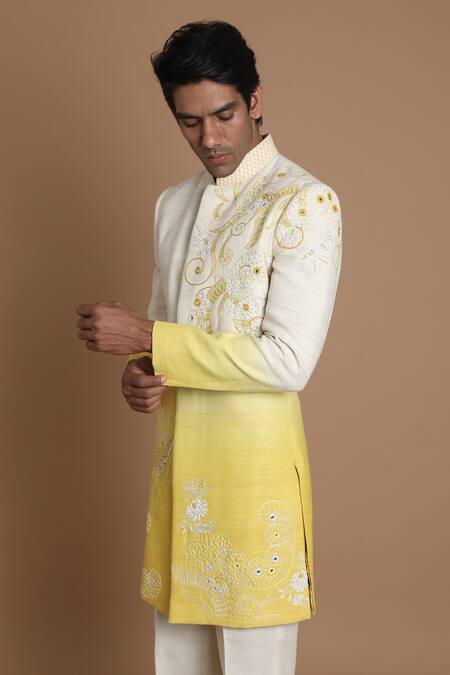 Shop_House Of Armuse_White Pant- Linen, Sherwani-raw Silk French Knots, Mirror, Beads Raw Set _Online_at_Aza_Fashions