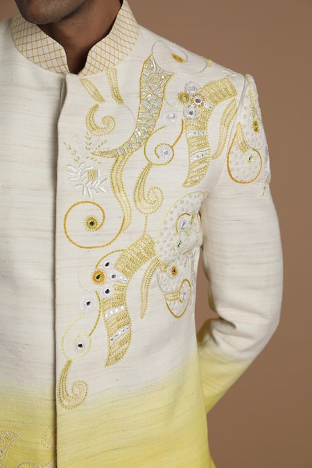 House Of Armuse_White Pant- Linen, Sherwani-raw Silk French Knots, Mirror, Beads Raw Set _at_Aza_Fashions