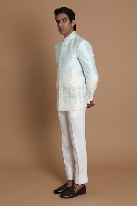 House Of Armuse_Green Bandhgala-raw Silk Embroidered Floral Raw _Online_at_Aza_Fashions