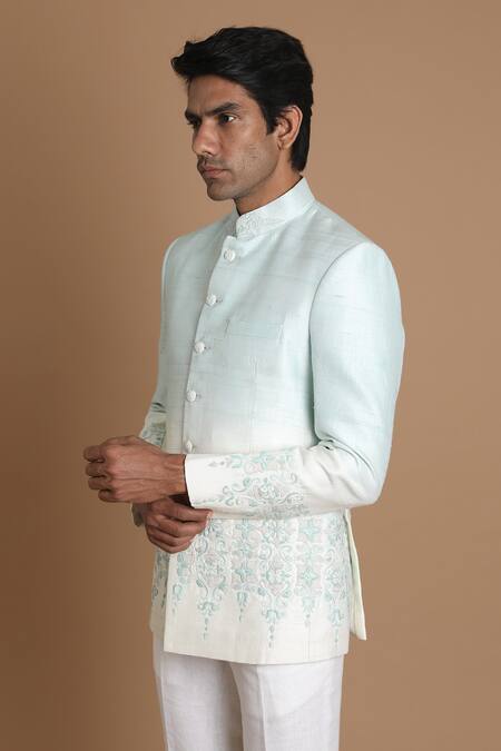 Shop_House Of Armuse_Green Bandhgala-raw Silk Embroidered Floral Raw _Online_at_Aza_Fashions