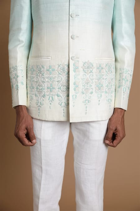 House Of Armuse_Green Bandhgala-raw Silk Embroidered Floral Raw _at_Aza_Fashions