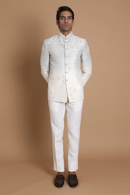 House Of Armuse_Grey Bandhgala-raw Silk Floral Raw Embroidered _Online_at_Aza_Fashions