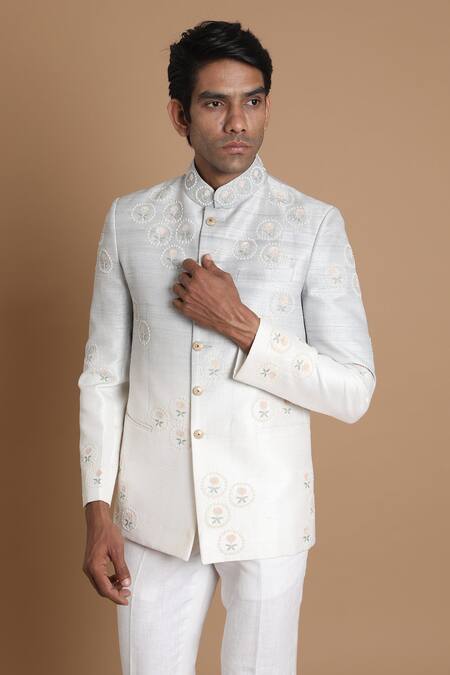 Buy_House Of Armuse_Grey Bandhgala-raw Silk Floral Raw Embroidered _Online_at_Aza_Fashions