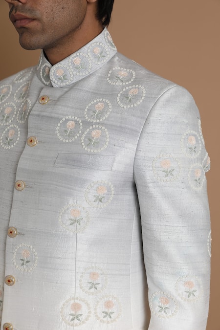 Shop_House Of Armuse_Grey Bandhgala-raw Silk Floral Raw Embroidered _Online_at_Aza_Fashions