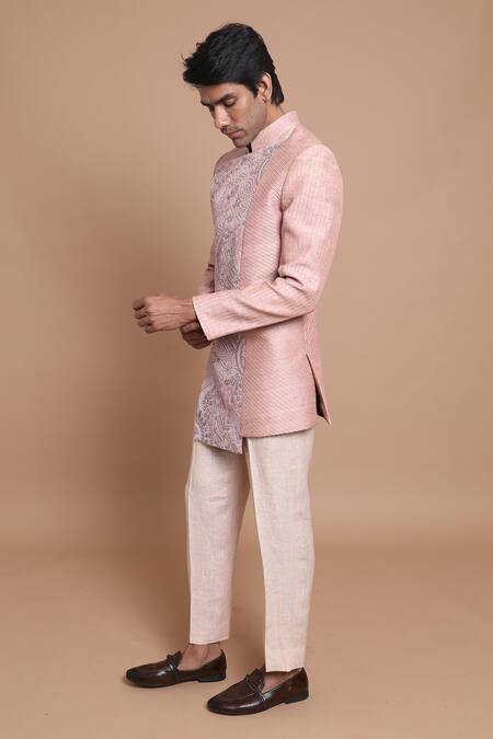 Buy_House Of Armuse_Pink Bandhgala-raw Silk Embroidered Abstract Raw Set _Online_at_Aza_Fashions