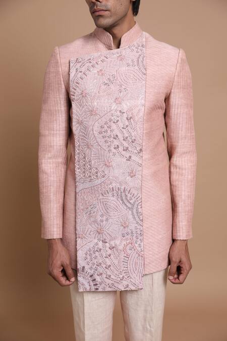 Shop_House Of Armuse_Pink Bandhgala-raw Silk Embroidered Abstract Raw Set _Online_at_Aza_Fashions