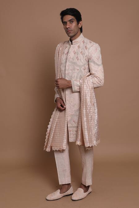 House Of Armuse_Peach Dupatta-silk, Pant-linen, Sherwani-raw Silk Floral, Raw Embroidered Set _Online_at_Aza_Fashions