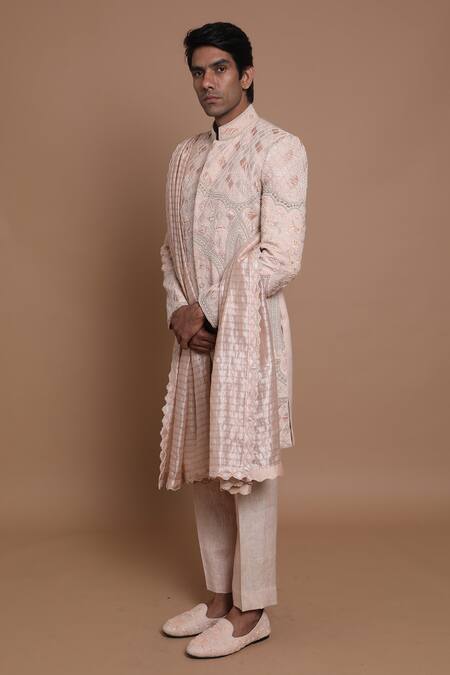 Buy_House Of Armuse_Peach Dupatta-silk, Pant-linen, Sherwani-raw Silk Floral, Raw Embroidered Set _Online_at_Aza_Fashions