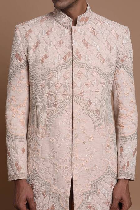 Shop_House Of Armuse_Peach Dupatta-silk, Pant-linen, Sherwani-raw Silk Floral, Raw Embroidered Set _Online_at_Aza_Fashions