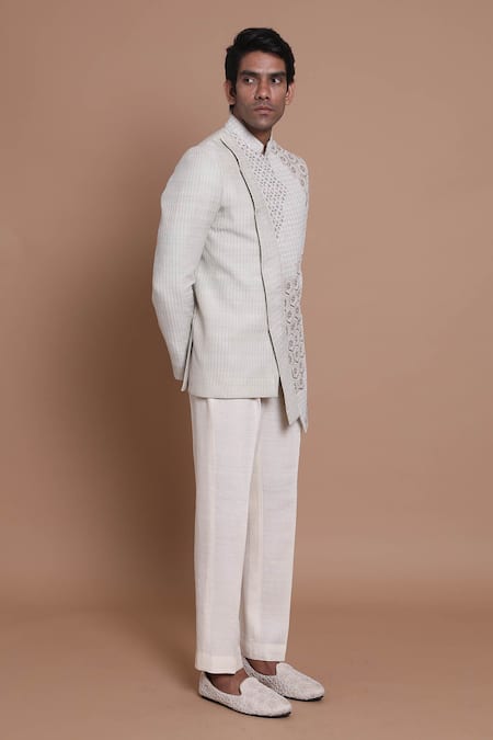 House Of Armuse_Grey Bandhgala-raw Silk Embroidered Floral Raw Set _Online_at_Aza_Fashions