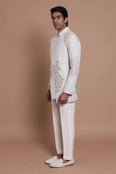 Buy_House Of Armuse_Grey Bandhgala-raw Silk Embroidered Floral Raw Set _Online_at_Aza_Fashions