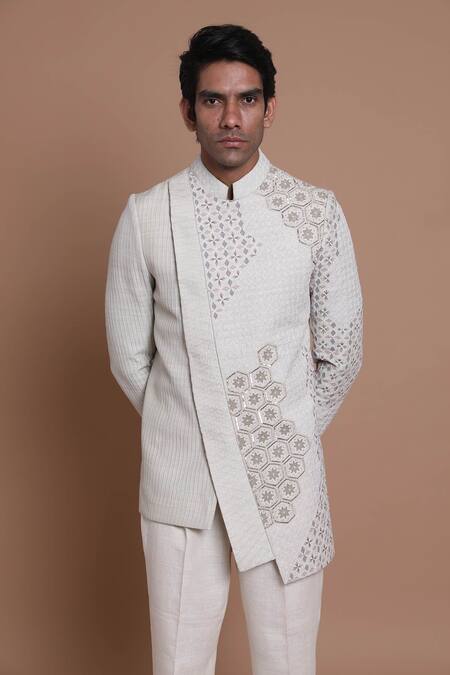 Shop_House Of Armuse_Grey Bandhgala-raw Silk Embroidered Floral Raw Set _Online_at_Aza_Fashions