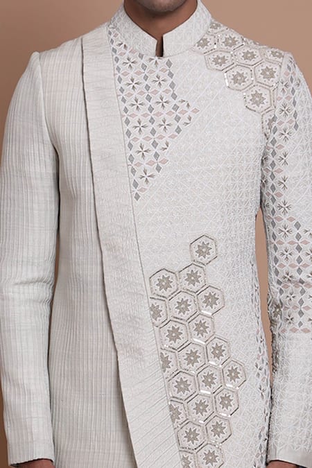 House Of Armuse_Grey Bandhgala-raw Silk Embroidered Floral Raw Set _at_Aza_Fashions