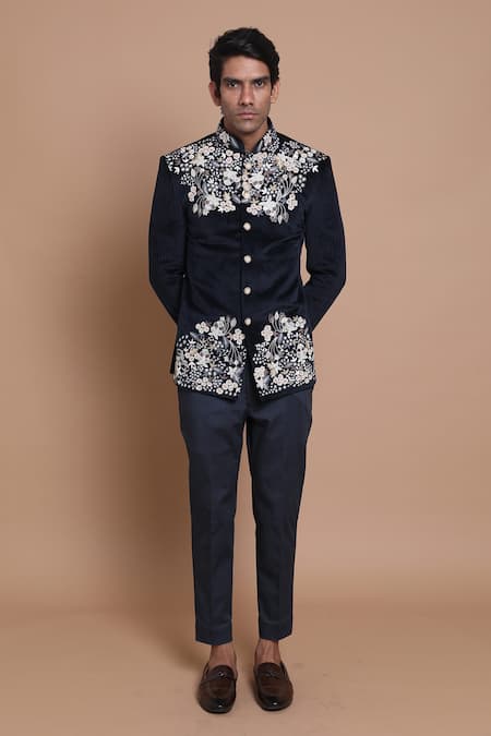 House of Armuse Blue Bandhgala-suede Velvet Embroidered Floral Suede Set 