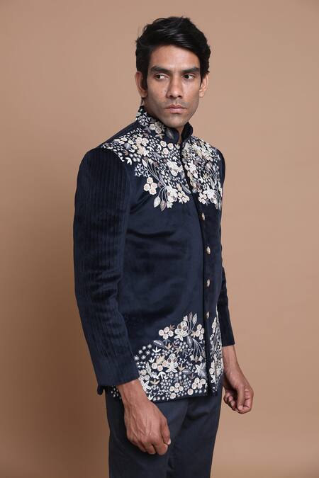 House Of Armuse_Blue Bandhgala-suede Velvet Embroidered Floral Suede Set _Online_at_Aza_Fashions