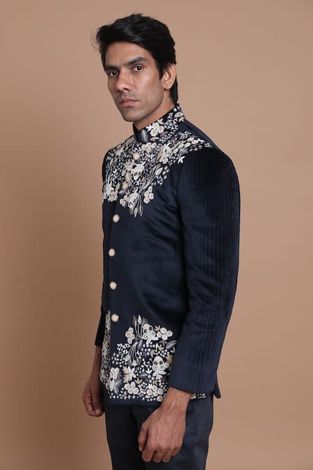 Buy_House Of Armuse_Blue Bandhgala-suede Velvet Embroidered Floral Suede Set _Online_at_Aza_Fashions