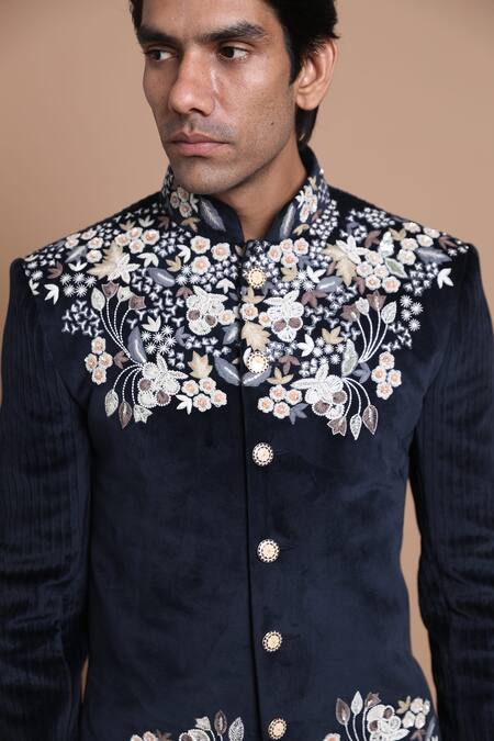 Shop_House Of Armuse_Blue Bandhgala-suede Velvet Embroidered Floral Suede Set _Online_at_Aza_Fashions