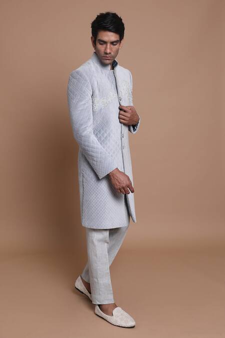 House Of Armuse_Grey Pant-linen, Sherwani-velvet Floral Velvet Quilted Set _Online_at_Aza_Fashions