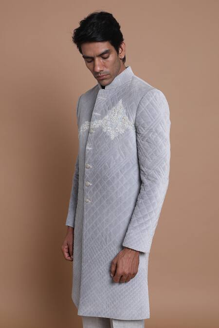 Buy_House Of Armuse_Grey Pant-linen, Sherwani-velvet Floral Velvet Quilted Set _Online_at_Aza_Fashions