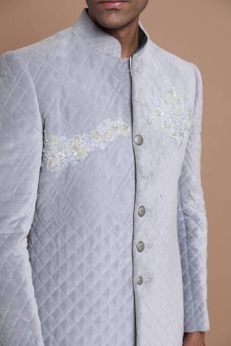 Shop_House Of Armuse_Grey Pant-linen, Sherwani-velvet Floral Velvet Quilted Set _Online_at_Aza_Fashions