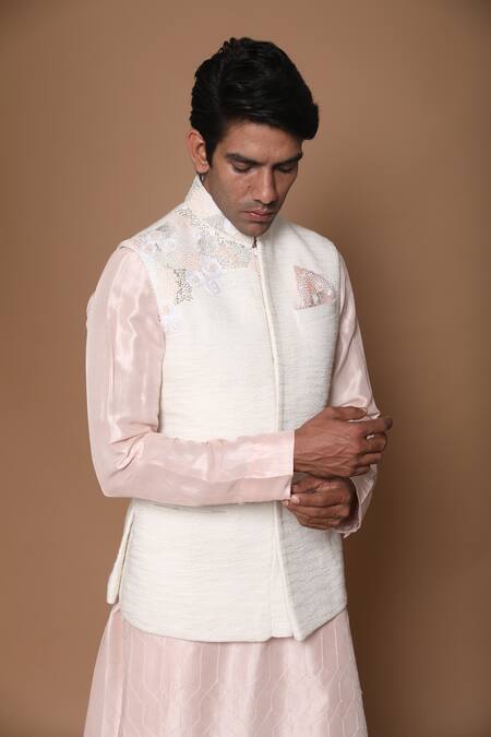 Shop_House Of Armuse_White Bundi-handloom , Kurta- Heavy Floral Bundi And Set _Online_at_Aza_Fashions