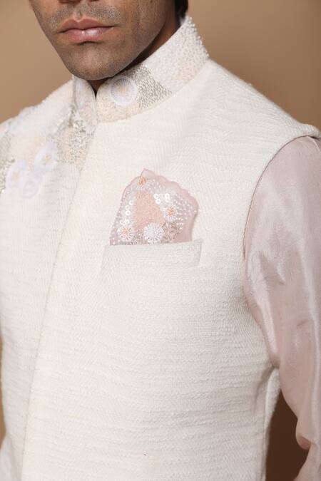 House Of Armuse_White Bundi-handloom , Kurta- Heavy Floral Bundi And Set _at_Aza_Fashions