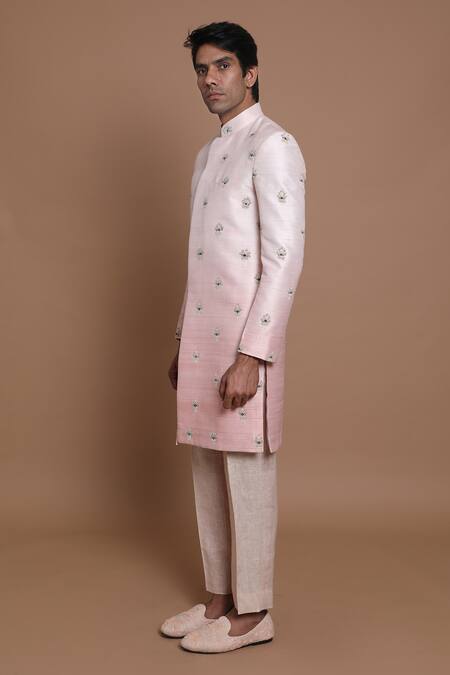 House Of Armuse Peach Pant-linen, Sherwani-raw Silk Floral Raw Hand Embroidered Set Online at Aza Fashions House Of Armuse_Peach Pant-linen, Sherwani-raw Silk Floral Raw Hand Embroidered Set _Online_at_Aza_Fashions