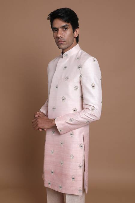 Buy House Of Armuse Peach Pant-linen, Sherwani-raw Silk Floral Raw Hand Embroidered Set Online at Aza Fashions Buy_House Of Armuse_Peach Pant-linen, Sherwani-raw Silk Floral Raw Hand Embroidered Set _Online_at_Aza_Fashions