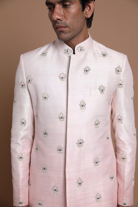 Shop_House Of Armuse_Peach Pant-linen, Sherwani-raw Silk Floral Raw Hand Embroidered Set _Online_at_Aza_Fashions