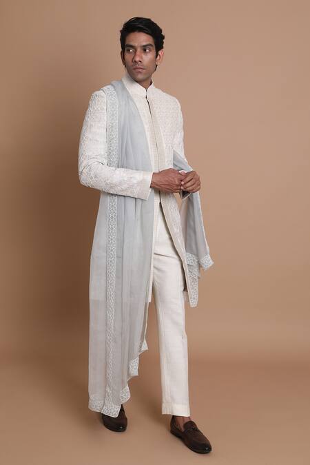 House Of Armuse_White Dupatta Organza, Pant-linen, Sherwani-raw Silk Raw Embroidered Set _Online_at_Aza_Fashions
