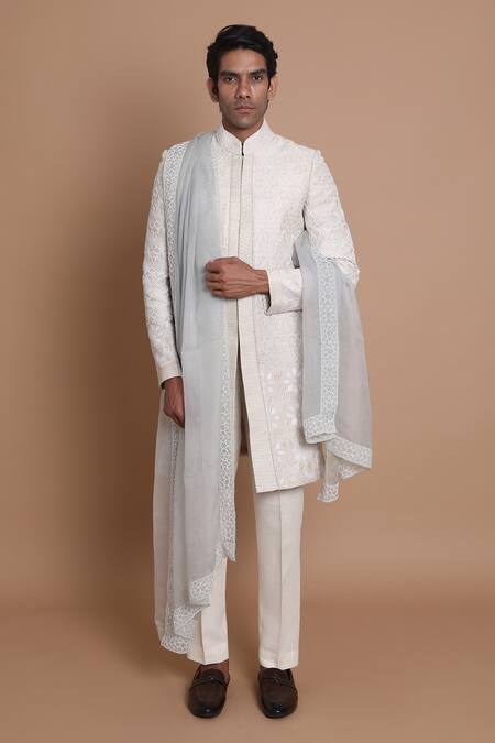 Buy_House Of Armuse_White Dupatta Organza, Pant-linen, Sherwani-raw Silk Raw Embroidered Set _Online_at_Aza_Fashions