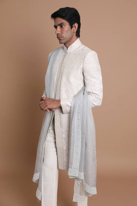 Shop_House Of Armuse_White Dupatta Organza, Pant-linen, Sherwani-raw Silk Raw Embroidered Set _Online_at_Aza_Fashions