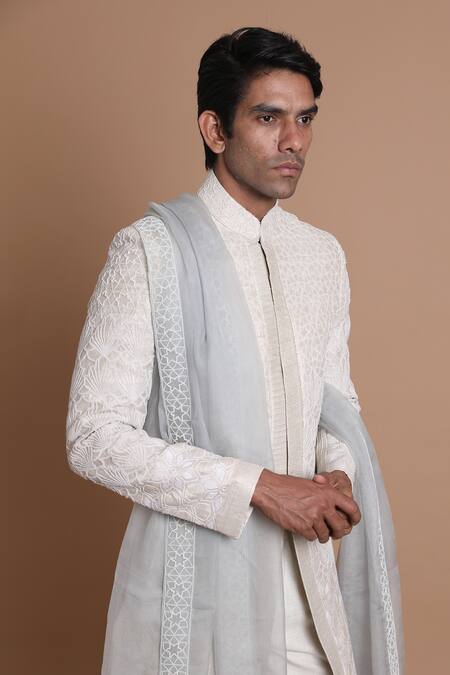 House Of Armuse_White Dupatta Organza, Pant-linen, Sherwani-raw Silk Raw Embroidered Set _at_Aza_Fashions