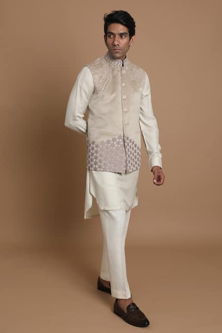 House Of Armuse_Beige Bundi-suede Velvet, Kurta- Chanderi Silk Suede Applique Bundi And Set _Online_at_Aza_Fashions