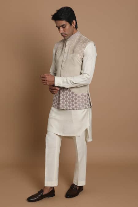 Buy_House Of Armuse_Beige Bundi-suede Velvet, Kurta- Chanderi Silk Suede Applique Bundi And Set _Online_at_Aza_Fashions