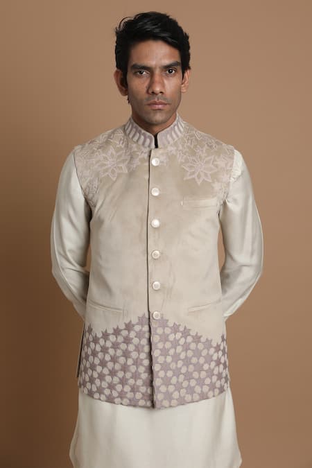Shop_House Of Armuse_Beige Bundi-suede Velvet, Kurta- Chanderi Silk Suede Applique Bundi And Set _Online_at_Aza_Fashions