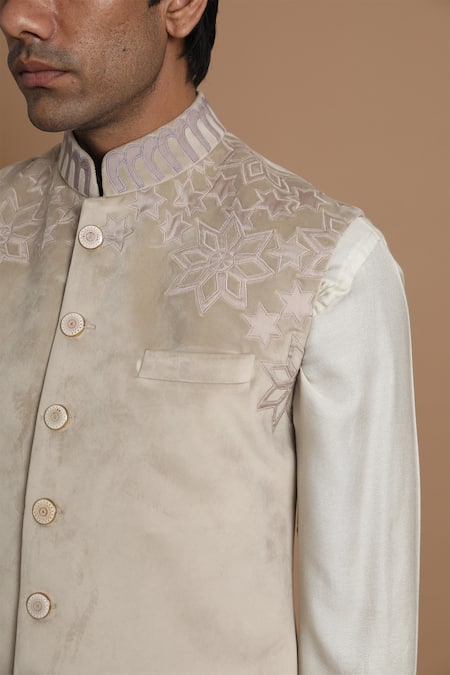 House Of Armuse_Beige Bundi-suede Velvet, Kurta- Chanderi Silk Suede Applique Bundi And Set _at_Aza_Fashions