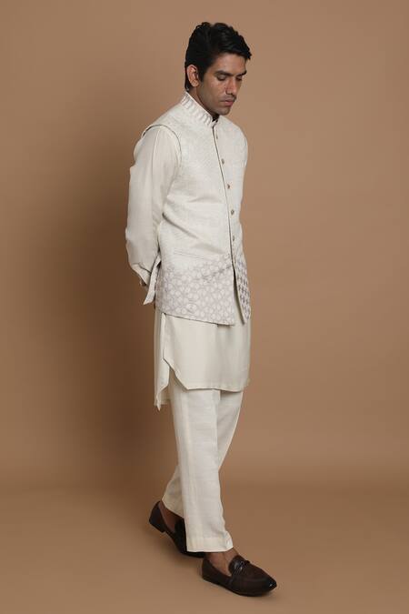 House Of Armuse_Beige Bundi-raw , Kurta- Moonga Floral Raw Applique And Set _Online_at_Aza_Fashions