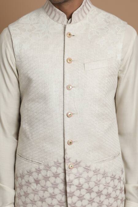 House Of Armuse_Beige Bundi-raw , Kurta- Moonga Floral Raw Applique And Set _at_Aza_Fashions