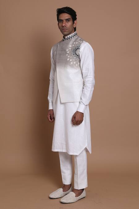 House Of Armuse_Grey Bandhgala-raw Silk, Kurta- Linen Geometric Raw And Set _Online_at_Aza_Fashions