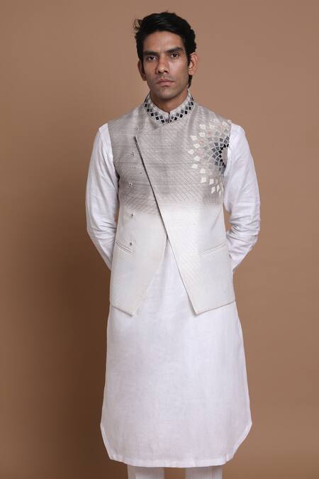 Buy_House Of Armuse_Grey Bandhgala-raw Silk, Kurta- Linen Geometric Raw And Set _Online_at_Aza_Fashions