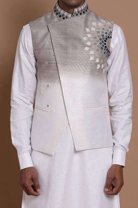 Shop_House Of Armuse_Grey Bandhgala-raw Silk, Kurta- Linen Geometric Raw And Set _Online_at_Aza_Fashions