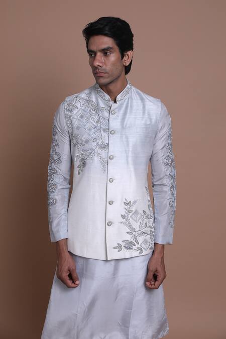 House Of Armuse_Blue Bandhgala-raw , Kurta- Malai Floral Raw Bundi And Set _Online_at_Aza_Fashions