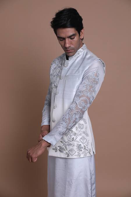 Buy_House Of Armuse_Blue Bandhgala-raw , Kurta- Malai Floral Raw Bundi And Set _Online_at_Aza_Fashions
