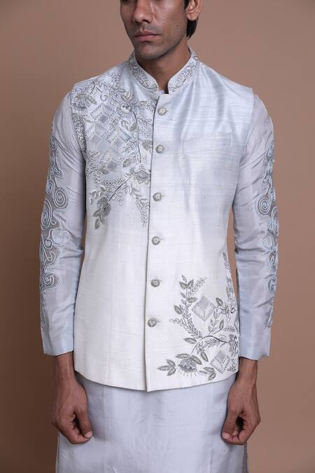 Shop_House Of Armuse_Blue Bandhgala-raw , Kurta- Malai Floral Raw Bundi And Set _Online_at_Aza_Fashions