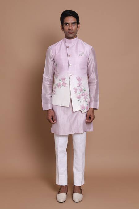 House Of Armuse_Purple Bundi-raw Silk, Kurta- Chanderi Floral Hand Painted And Set _Online_at_Aza_Fashions