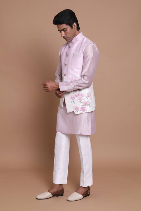 Buy_House Of Armuse_Purple Bundi-raw Silk, Kurta- Chanderi Floral Hand Painted And Set _Online_at_Aza_Fashions