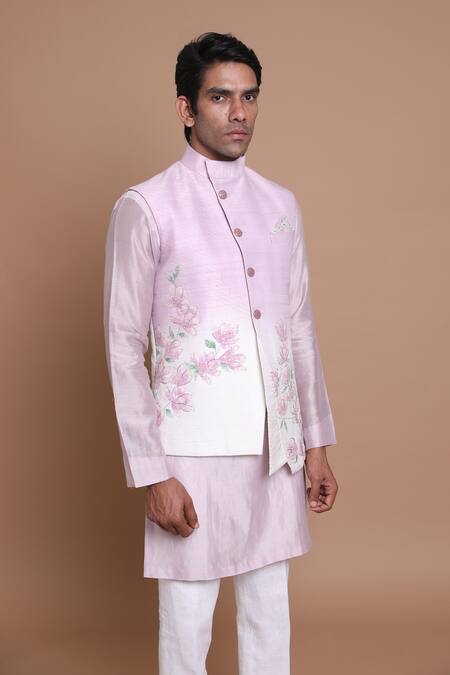 Shop_House Of Armuse_Purple Bundi-raw Silk, Kurta- Chanderi Floral Hand Painted And Set _Online_at_Aza_Fashions